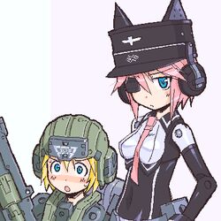  2girls bad_id bad_pixiv_id blonde_hair blue_eyes busou_shinki doll_joints green_eyes hat helmet joints lowres multiple_girls murmeltier oekaki pink_hair yk-ts zelnogrard 