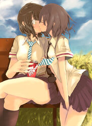  2girls bad_id bad_pixiv_id bench blush brown_hair can comrade_stalin crossed_legs dr_pepper drink_can kissing legs multiple_girls necktie product_placement school_uniform short_hair sitting skirt soda_can surprise_kiss surprised yuri 