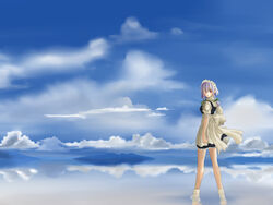  braid cloud commentary_request day female grey_hair izayoi_sakuya looking_back maid salar_de_uyuni salt_flats shaku_moto short_hair sky solo touhou twin_braids 