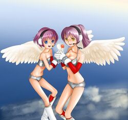  2girls artist_request bikini blue_eyes boots breasts cloud flat_chest flight_airplanes gloves headset heart japan_airlines large_breasts multiple_girls purple_hair sky source_request swimsuit wings yellow_eyes 