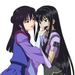  2girls artist_request black_hair blue_eyes brown_eyes company_connection cosplay costume_switch crossover gloves gundam gundam_00 long_hair marina_ismail marina_ismail_(cosplay) misaki_shizuno misaki_shizuno_(cosplay) multiple_girls sunrise_(company) zegapain 