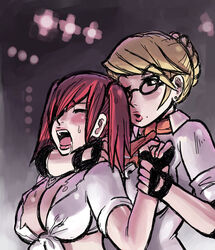  2girls artist_request asphyxiation blonde_hair blush breasts candy_cane_(rumble_roses) choke_hold cleavage fingerless_gloves glasses gloves large_breasts lipstick makeup miss_spencer mole mole_under_mouth multiple_girls oekaki red_hair rumble_roses saliva sleeves_rolled_up strangling teacher_and_student 