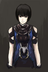  :| armor bad_link bare_shoulders black_background black_eyes black_hair blue_dress bob_cut breastplate closed_mouth cowboy_shot cropped_legs cuffs dress expressionless female kagerou:_kokumeikan_shinshou kasa_(hitori_sanka) looking_at_viewer millennia short_hair simple_background sketch sleeveless solo turtleneck 