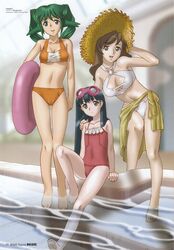  3girls :d arm_up armpits barefoot bikini blue_hair breasts brown_hair casual_one-piece_swimsuit cleavage cleavage_cutout clothing_cutout covered_navel feet flat_chest goggles goggles_on_head green_eyes green_hair grey_eyes hamakawa_shuujirou hand_on_another&#039;s_shoulder hat highres innertube kasha_maverick leaning legs long_hair medium_breasts megami_magazine megami_magazine_deluxe miranda_maverick multiple_girls navel non-web_source official_art one-piece_swimsuit open_mouth orange_bikini pool poolside red_one-piece_swimsuit sarong scan sitting smile soaking_feet soles solty_rei solty_revant standing straw_hat swim_ring swimsuit thigh_gap twintails wading water white_bikini yellow_sarong 