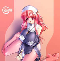  alternate_breast_size bad_feet breasts cross female gigantic_breasts gunner-l hat jewelry la_pucelle latin_cross long_hair necklace pantyhose pink_pantyhose prier red_eyes red_hair smile solo 