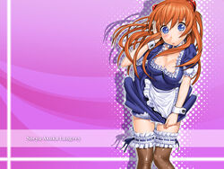  adjusting_hair blue_eyes blush breasts character_name cleavage female frilled_thighhighs frills highres imageboard_desourced large_breasts long_hair maid neon_genesis_evangelion non-web_source orange_hair solo souryuu_asuka_langley sugaishi thighhighs wrist_cuffs zettai_ryouiki 