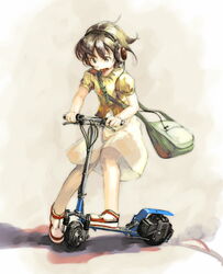  brown_eyes brown_hair commentary_request female ground_vehicle headphones motor_vehicle motorized_kick_scooter myu_(neorosi) original short_hair solo 