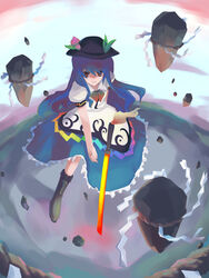  female hat hinanawi_tenshi keystone long_hair purple_hair rope shide shimenawa solo sword sword_of_hisou takanashi_akihito touhou weapon 