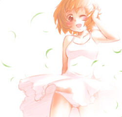  ;d dress female grass kashimashi one_eye_closed open_mouth osaragi_hazumu panties ruffling_hair seki_suzume short_hair smile solo sundress underwear wind wind_lift 