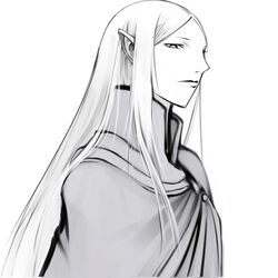  claymore_(series) cloak collared_cape female greyscale irene_(claymore) long_hair monochrome pointy_ears solo yamawaku 