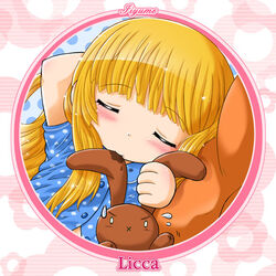  1990s_(style) :x biting blonde_hair blunt_bangs blush circle close-up closed_eyes drooling ear_biting female flower grabbing_another&#039;s_ear hand_on_another&#039;s_ear holding_by_the_ears kayama_licca lolicon long_hair lying o_o on_side pajamas pillow polka_dot polka_dot_background polka_dot_pajamas rabbit retro_artstyle round_image saliva sleeping solo striped striped_background stuffed_animal stuffed_rabbit stuffed_toy super_doll_licca-chan sweatdrop tokuda_shinnosuke 