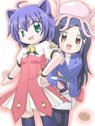  2girls ahoge animal_ears blue_hair brown_eyes cat_ears commentary_request green_eyes jellyfish kinutani_kanata kyouran_kazoku_nikki long_hair midarezaki_gekka midarezaki_kyouka midarezaki_yuuka multiple_girls oerba_yun_fang pantyhose purple_hair short_hair tail 