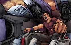  1boy angry belt black_hair boots chair cockpit commentary_request ebi_no_hito gundam gundam_00 lasse_aeon male_focus md5_mismatch mecha muscular open_mouth pants photoshop_(medium) robot scar shirt sitting solo t-shirt teeth wristband 