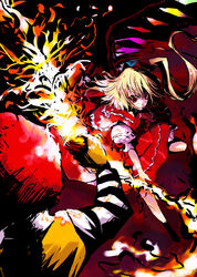  1boy battle blonde_hair crossover crystal demon_wings dress female fire flandre_scarlet holding mcdonald&#039;s one_side_up red_dress ronald_mcdonald shaded_face stick tamaki_fuyu touhou vampire wings 