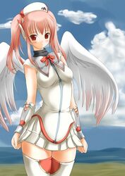  ashita_yaru bad_id bad_pixiv_id blush bow cloud day female flight_airplanes japan_airlines personification quad_tails skirt sky solo thighhighs uniform wings zettai_ryouiki 