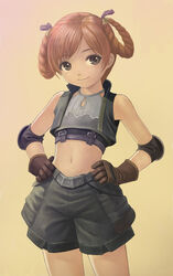  black_eyes black_shorts dwarf dwarf_(lineage_2) female flat_chest gloves kanzeon lineage lineage_2 midriff orange_hair player_character_(lineage_2) short_hair shorts sleeveless smile solo 