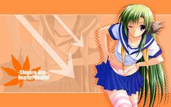  female green_hair long_hair official_art one_eye_closed panties really?_really! school_uniform serafuku shigure_asa shuffle! solo suzuhira_hiro thighhighs underwear undressing zoom_layer 