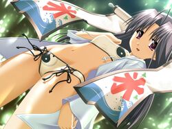  ahoge banner bikini bikini_under_clothes black_hair dutch_angle female kooribata long_hair midriff print_bikini purple_eyes ragnarok_online side-tie_bikini_bottom sohee solo swimsuit white_bikini yamabuki_zarame yin_yang 