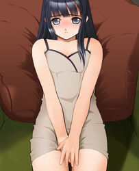  black_hair blush dress female grey_eyes hizashi_no_naka_no_real long_hair pillow sitting solo tsutsumi_kinuka yukiyoshi 