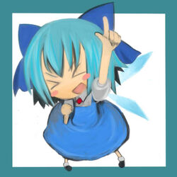  &gt;_&lt; bow chibi cirno closed_eyes commentary_request female kamina_pose lowres ofly_(ofly252) pointing pointing_up solo touhou 