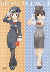  adjusting_hair alternate_costume black_hair black_legwear bow brown_eyes buttons female female_service_cap flag full_body funabashi_chitose gloves grey_hair hat high_heels highres lipstick makeup mibu_natsuki odakyu_electric_railway official_art pantyhose pencil_skirt polka_dot polka_dot_background salute scan shoes short_hair sidelocks skirt smile standing tetsudou_musume train_attendant travel_attendant uniform vest white_gloves 