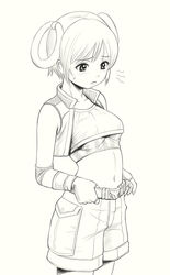  blush bra dwarf dwarf_(lineage_2) female greyscale kanzeon lineage lineage_2 lingerie midriff monochrome player_character_(lineage_2) short_hair shorts solo underwear 