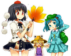  3girls backpack bag black_hair black_skirt blue_dress blue_eyes blue_hair commentary_request dress extra_eyes flat_cap hat kawashiro_nitori leaf_print moriya_suwako multiple_girls pleated_skirt pom_pom_(clothes) red_eyes sasago_kaze shameimaru_aya short_hair simple_background skirt standing tokin_hat touhou two_side_up white_background 