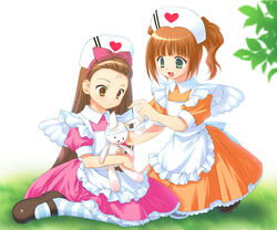  2girls brown_eyes brown_hair commentary_request green_eyes hairband idolmaster idolmaster_(classic) idolmaster_1 long_hair maid_fairy_tale_(idolmaster) mary_janes minase_iori multiple_girls nano00 nurse photoshop_(medium) shoes short_hair socks striped_clothes striped_socks takatsuki_yayoi thighhighs twintails wings 