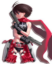  antenna_hair bakuretsu_tenshi closed_mouth cosplay cropped_legs desert_eagle dual_wielding female fringe_trim from_side gun handgun holding holding_gun holding_weapon idolmaster idolmaster_(classic) idolmaster_1 jo_(bakuretsu_tenshi) jo_(bakuretsu_tenshi)_(cosplay) kikuchi_makoto nekopuchi scarf simple_background solo standing weapon white_background 