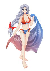  barefoot bikini braid breasts cleavage commentary_request female grey_eyes grey_hair large_breasts long_hair navel single_braid smile solo suzuki_sakura swimsuit touhou yagokoro_eirin 