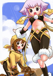  2girls bandana black_legwear blush brown_hair commentary_request fur_trim kneehighs leg_up lens_flare looking_at_viewer midriff multiple_girls navel photoshop_(medium) pink_hair razzy ryuuta_(msxtr) short_hair sidelocks skin_tight socks standing standing_on_one_leg stomach sugarette summon_night summon_night:_swordcraft_story 