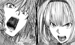  2girls battle commentary_request duel frown glaring greyscale izayoi_sakuya konpaku_youmu monochrome multiple_girls nazo_kichi open_mouth painttool_sai_(medium) portrait touhou 