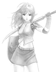  elf elf_(lineage_2) female gloves greyscale kanzeon lineage lineage_2 long_hair monochrome player_character_(lineage_2) pointy_ears shield skirt solo sword weapon wind 