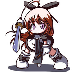  chibi commentary_request female fictional_sister gun hoihoi-san ichigeki_sacchuu!!_hoihoi-san solo sword weapon 