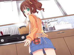  apron bad_id bad_pixiv_id bowl chika_(orange_pop) cooking female fish_grill frying_pan glass grater hand_fan idolmaster idolmaster_(classic) looking_back open_mouth patch plate skirt smile solo spatula stove takatsuki_yayoi window 