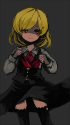  black_thighhighs blonde_hair commentary_request crescent dark ex-rumia female hko red_eyes rumia short_hair simple_background smile solo thighhighs touhou 