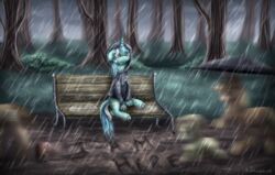  2015 9de-light6 bench bodily_fluids brown_eyes clothing coat crying cutie_mark detailed_background english_text equid equine female feral forest friendship_is_magic fur grass green_body green_fur hair hasbro hi_res horn lyra_heartstrings_(mlp) mammal mud multicolored_hair my_little_pony mythological_creature mythological_equine mythology on_bench outside park plant raining sad solo tears text topwear tree two_tone_hair umbrella unicorn water wet_hair 