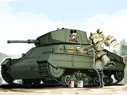  anchovy_(girls_und_panzer) anzio_(emblem) anzio_military_uniform belt black_footwear black_shirt blush boots cameo can carro_armato carro_armato_p40 caterpillar_tracks commentary decal emblem female girls_und_panzer grey_jacket grey_pants hair_ribbon jacket knee_boots leg_up long_sleeves military military_uniform military_vehicle motor_vehicle outdoors outstretched_arms paint_can paintbrush pants pants_tucked_in ribbon sam_browne_belt shirt smile solo spread_arms standing tank trim_brush twinpoo twintails uniform 