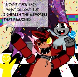  2015 absurd_res ambiguous_gender animatronic avj_(artist) canid canine english_text five_nights_at_freddy&#039;s fox foxy_(fnaf) group hi_res human lolicon machine mammal mike_schmidt robot scottgames text young 