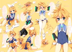  1boy ahoge angry animal_ears animal_tail ass blonde_hair blue_eyes blush bow bulge chibi crossdressing crossdressing detached_sleeves frown hair_ornament hair_tie hairbow hairclip hand_on_hip hips kagamine_len kagamine_len_no_bousou_(vocaloid) kagamine_rin lolicon looking_back male_focus navel open_mouth ponytail short_hair siblings simple_background sitting smile solo swimsuit tail torn_clothes translation_request trap twins vocaloid white_legwear white_thighhighs 