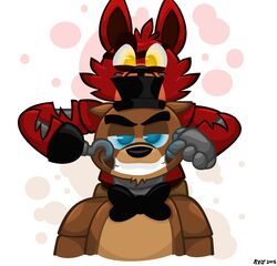  2015 absurd_res animatronic anthro avj_(artist) bear canid canine duo five_nights_at_freddy&#039;s fox foxy_(fnaf) freddy_(fnaf) glowing glowing_eyes hi_res hook machine mammal robot scottgames simple_background 