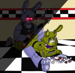  2015 animatronic anthro avj_(artist) bonnie_(fnaf) duo five_nights_at_freddy&#039;s five_nights_at_freddy&#039;s_3 glowing glowing_eyes lagomorph leporid machine mammal rabbit robot scottgames springtrap_(fnaf) 