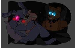  2015 animatronic anthro avj_(artist) bear bonnie_(fnaf) duo five_nights_at_freddy&#039;s freddy_(fnaf) front_view glowing glowing_eyes lagomorph leporid machine mammal one_eye_closed rabbit robot scottgames side_view wink 