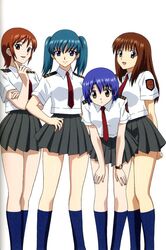  4girls aqua_hair arm_behind_back arm_grab arm_support arms_behind_back blue_eyes blue_hair breasts brown_eyes brown_hair doi_shizuha footwear friends green_hair hand_behind_back hand_on_hip hands_behind_back happy hips honjo_mikaze kikuhara_karin leaning leaning_forward legs long_hair multiple_girls nakamura_ayamo necktie open_mouth orange_hair pointing red_eyes school_uniform short_hair shy skirt smile socks stratos_4 twintails watch yellow_eyes 