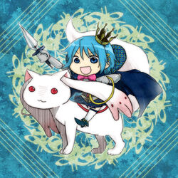  armor blue_eyes blue_hair cape chibi commentary_request cosplay crown female hair_ornament hairclip hikohanore kyuubee mahou_shoujo_madoka_magica mahou_shoujo_madoka_magica_(anime) miki_sayaka oktavia_von_seckendorff oktavia_von_seckendorff_(cosplay) riding short_hair smile spoilers sword weapon 