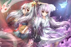  2girls animal blue_fire chains collarbone commentary_request demon_girl dual_wielding duel_monster expressionless fire flower ghost_ogre_&amp;_snow_rabbit ghost_reaper_&amp;_winter_cherries glint glowing grey_hair hair_between_eyes hair_flower hair_ornament holding holding_sword holding_weapon horns japanese_clothes katana long_hair looking_at_viewer multiple_girls obi ofuda parted_lips red_eyes sash scythe shun_no_shun sword torn_clothes twintails weapon yu-gi-oh! 