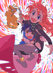  2girls :d anklet blue_eyes blue_hair bodysuit brown_eyes commentary_request d: feet flip_flappers jewelry kokomine_cocona long_hair multiple_girls no_shoes open_mouth orange_hair outstretched_arms pantyhose papika_(flip_flappers) red_hair robot school_uniform serafuku short_hair smile spread_arms surfboard surfing toeless_legwear toes tsuru_(clainman) tt-392 v-shaped_eyebrows 