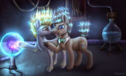  2015 9de-light6 amber_eyes blonde_hair blue_eyes bow_(feature) bow_tie brown_body brown_fur brown_hair cutie_mark derpy_hooves doctor_whooves_(mlp) duo earth_pony electricity equid equine feathered_wings feathers female feral flask friendship_is_magic fur grey_body grey_fur hair hasbro hi_res horse inside laboratory male mammal my_little_pony mythological_creature mythological_equine mythology pegasus pony shirt_collar smile wings wire 