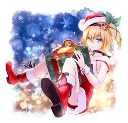  bad_id bad_pixiv_id black_choker blonde_hair blue_background blue_eyes boots bow box character_hair_ornament choker christmas edna_(tales) female full_body gift gift_box green_bow hair_ornament hair_ribbon hairband hairbow hat kururi_(oekaki_nikki) light_particles looking_at_viewer normin_(tales) phoenix_(tales) red_footwear red_hat red_skirt ribbon santa_hat short_hair side_ponytail skirt snowflakes solo strap_slip tales_of_(series) tales_of_zestiria tress_ribbon wrist_cuffs yellow_background 