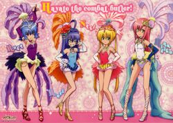  4girls absurdres blue_leotard bridal_gauntlets bustle feathers hayate_no_gotoku! headdress high_heels highres katsura_hinagiku leotard long_legs multiple_girls official_art purple_leotard red_leotard samba sanzen&#039;in_nagi shoes showgirl suirenji_ruka tsugumi_ruri white_leotard 